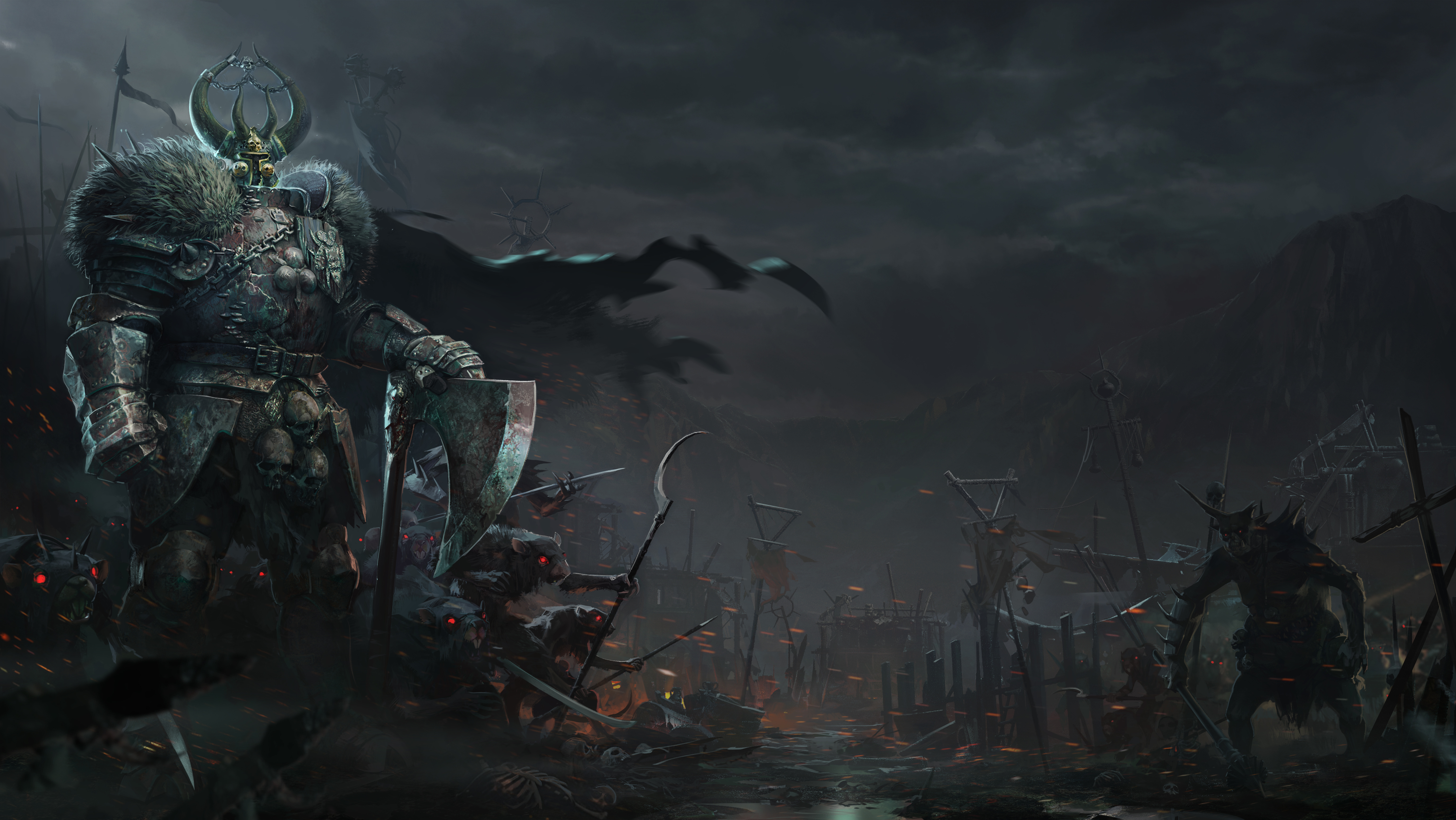 a chaos warrior stands as a leader in front of a skaven horde.